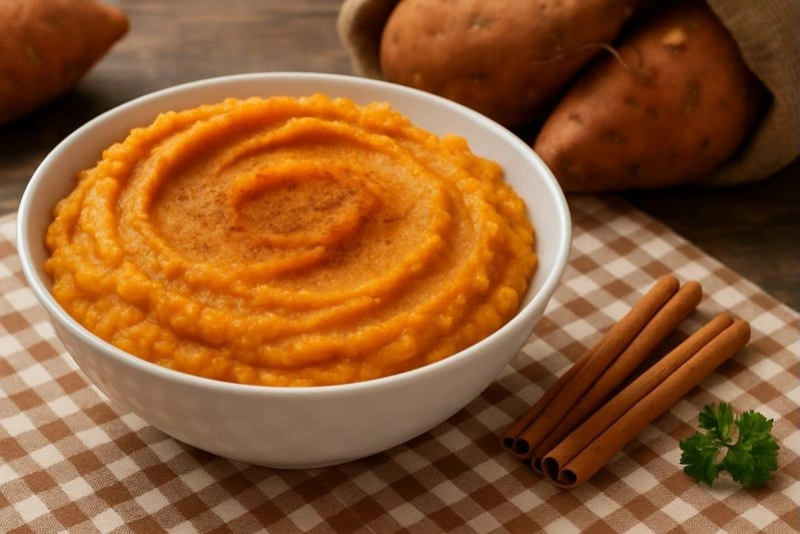 Puré de camote dulce con canela servido en un plato blanco