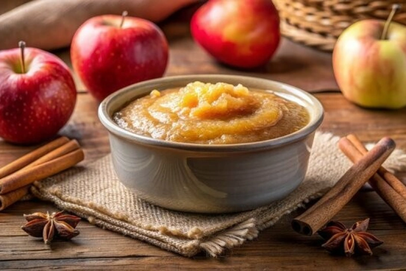 Delicioso puré de manzana casero en un tazón blanco