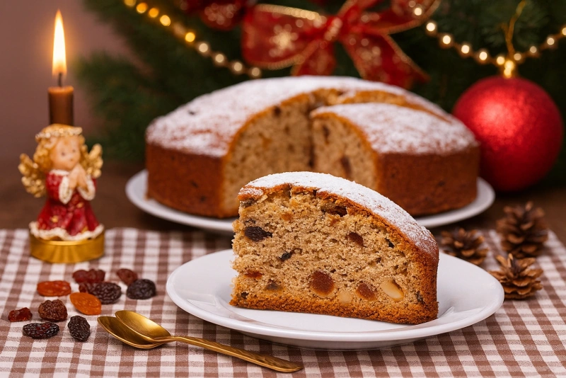 Queque navideño de frutas con glaseado y cerezas