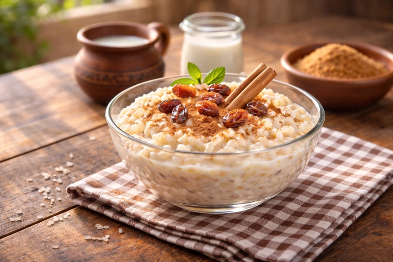 Arroz con leche mexicano cremoso y casero en tazón blanco