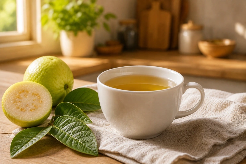 Refrescante agua de hojas de guayaba en vaso transparente