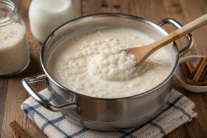 Arroz con leche cremoso y sin cortes ni quemaduras