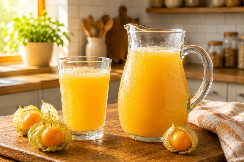 Refresco de aguaymanto servido en vaso con hielo