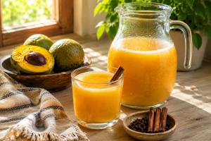 Vaso con agua amarilla y rodajas de lúcuma al fondo brillante